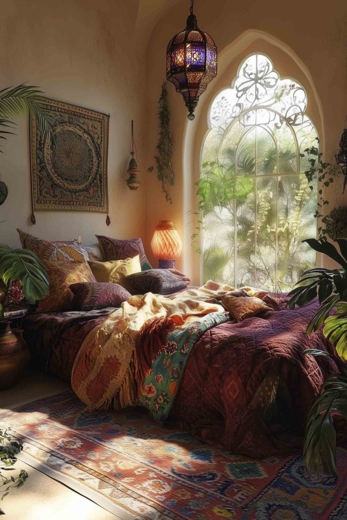 A cozy bohemian-style bedroom with a colorful vintage rug, warm-toned bedding, and decorative throws. The bed is adorned with richly textured pillows and blankets in earthy hues, while a hanging stained-glass lantern illuminates the space with soft light. The room features arched windows with intricate ironwork, allowing natural light to filter through, adding to the serene atmosphere.