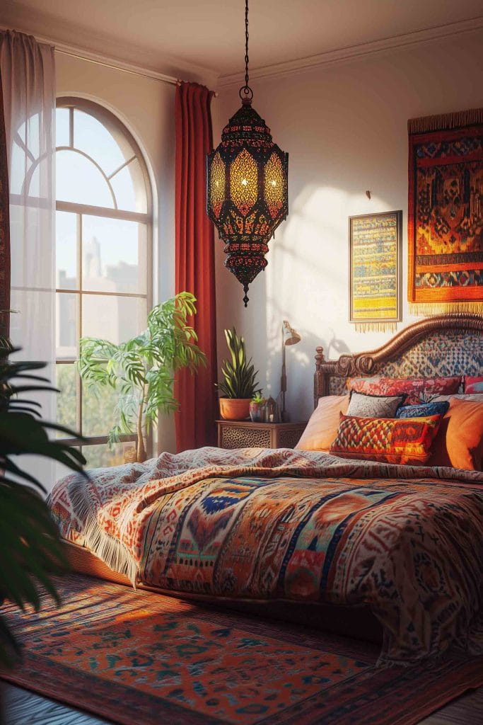 A cozy, eclectic bedroom with a large arched window flooding the room with natural light. The bed is layered with patterned bedding in warm oranges and reds, matching the vibrant vintage rug. A grand hanging Moroccan lantern adds a dramatic, exotic touch to the room, which also features lush indoor plants and intricately detailed tapestries on the walls.