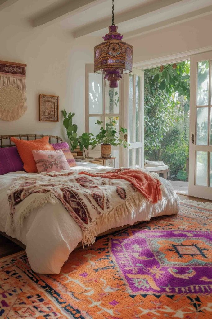 A bright and airy bedroom with large windows opening to a lush garden. The bed is dressed in white linens with a patterned throw and vibrant orange pillows. A bold purple and orange vintage rug covers the floor, and a matching decorative pendant lamp hangs from the ceiling. Potted plants by the window complete the fresh, inviting ambiance.