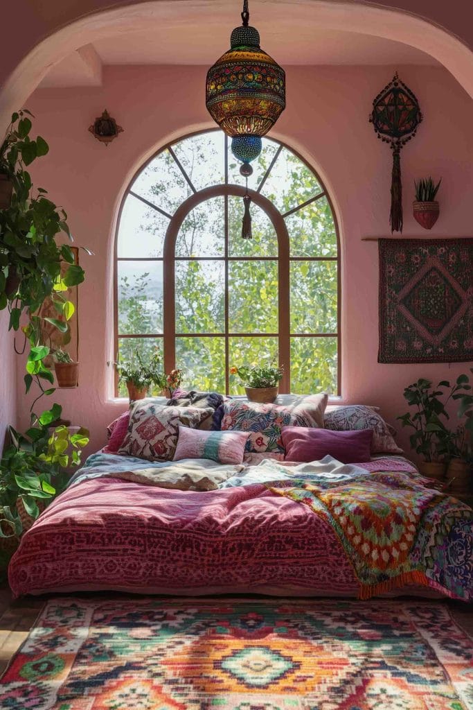 A vibrant bohemian bedroom with pink walls and a large arched window letting in soft natural light. The bed is adorned with colorful blankets and pillows, featuring rich patterns in pink, orange, and red hues. A hanging Moroccan lantern and lush plants add a touch of exotic flair, while a bold patterned rug enhances the eclectic, cozy vibe.