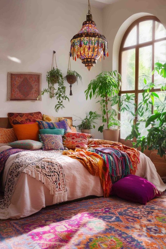 A bright, eclectic bedroom with a vibrant collection of textiles, including multi-colored pillows, throws, and blankets. The room features a large vintage rug on the floor and hanging plants by a tall arched window that allows natural light to flood the space. A statement chandelier made of stained glass adds a colorful focal point to the room, enhancing the bohemian aesthetic.