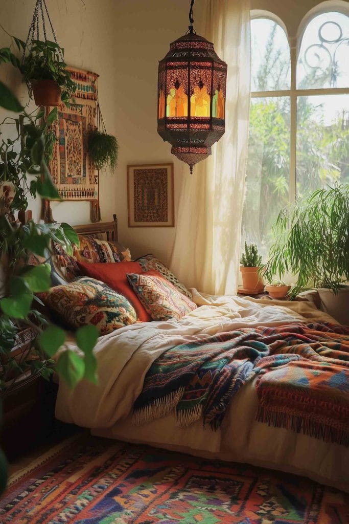 A warm, inviting bohemian bedroom featuring a vibrant orange bedding set and layered patterned blankets. The room is illuminated by a unique hanging lantern with stained glass, and lush plants fill the space. A variety of colorful throw pillows and a richly patterned rug contribute to the vibrant, cozy aesthetic of this eclectic space.