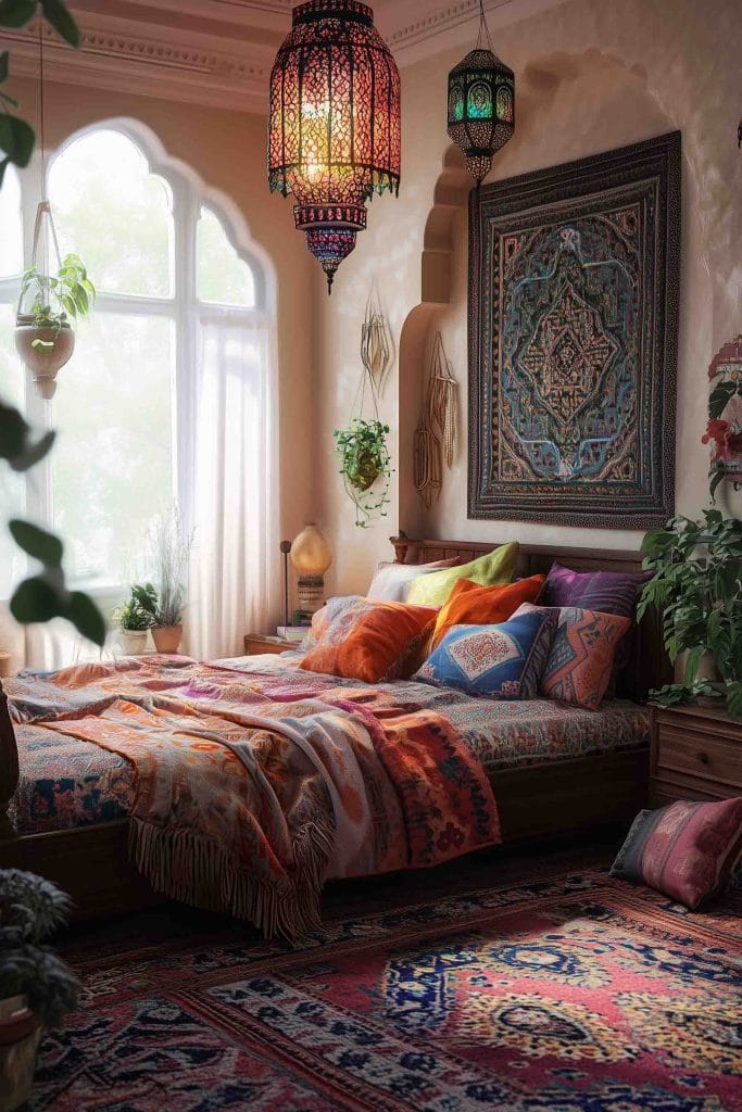 A cozy bohemian bedroom with rich textiles and patterns layered on the bed, including brightly colored pillows and throws. The walls are decorated with tapestries and hanging lanterns, creating a warm, inviting atmosphere. A large, arched window fills the room with natural light, highlighting the vibrant vintage rug and the greenery scattered throughout the space.