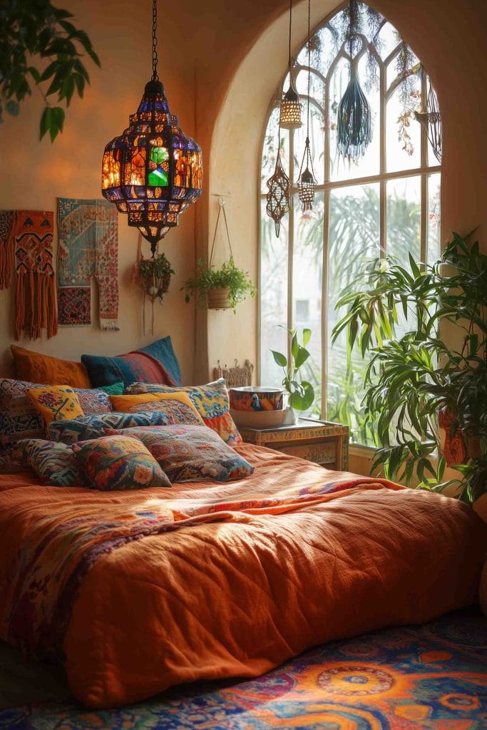 A cozy bedroom with a large, stained glass Moroccan-style lantern hanging above the bed. The bed is dressed in warm-toned bedding with layered, patterned pillows and throws. Potted plants, intricate tapestries, and a richly patterned rug add to the bohemian ambiance, with natural light filtering through the arched windows.