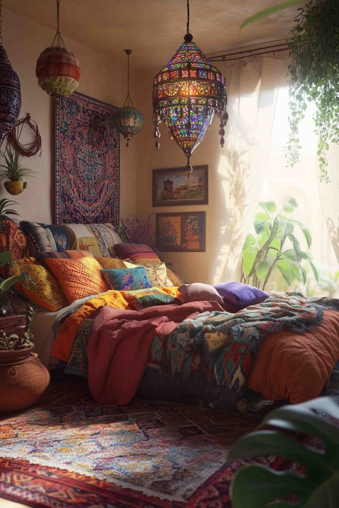 A bohemian bedroom with an array of colorful, intricate textiles, including pillows, blankets, and a vibrant vintage rug on the floor. The space features hanging lanterns with stained glass, adding a warm glow to the room. Natural light filters through sheer curtains, and potted plants provide a fresh, green touch to the eclectic, cozy ambiance.