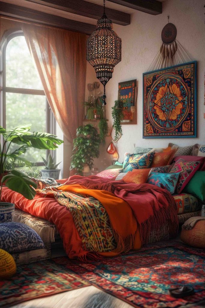 A richly decorated bohemian bedroom featuring an intricate hanging lantern and bold, colorful textiles. The bed is layered with vibrant blankets and pillows in rich oranges, reds, and blues. Lush indoor plants and detailed tapestries on the walls enhance the cozy, eclectic atmosphere, complemented by a vintage-style patterned rug on the floor.