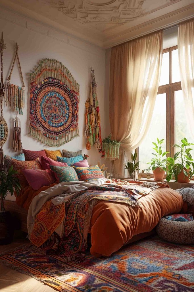 A vibrant and eclectic bedroom with layers of colorful vintage textiles, including patterned pillows, blankets, and a large vintage rug. The space is lit by a colorful lantern hanging from the ceiling, and sunlight streams through a large window. Potted plants and macrame wall hangings add natural elements, while the intricate patterns of the rugs and textiles create a warm, inviting atmosphere.