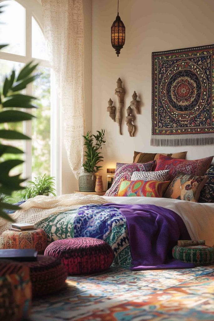 A bohemian-style bedroom with a colorful mix of textiles, including patterned throws and cushions on the bed. The room features a large, detailed tapestry on the wall, and decorative items such as carved wooden figures and lush potted plants. A variety of floor cushions in vibrant colors and patterns complement the space, creating a cozy, inviting atmosphere.