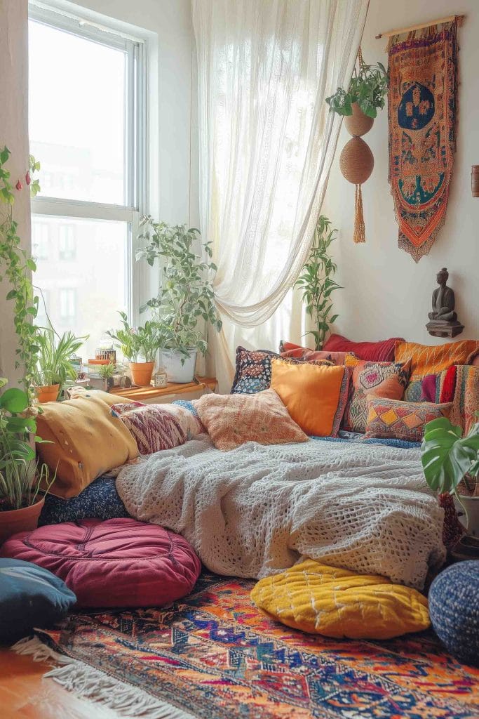 A bohemian nook filled with an assortment of vibrant floor cushions and pillows in various colors and patterns. The cozy space is decorated with hanging plants, tapestries, and sheer curtains that let in plenty of sunlight. The floor is covered with a detailed vintage rug, adding texture and warmth to the relaxed atmosphere.