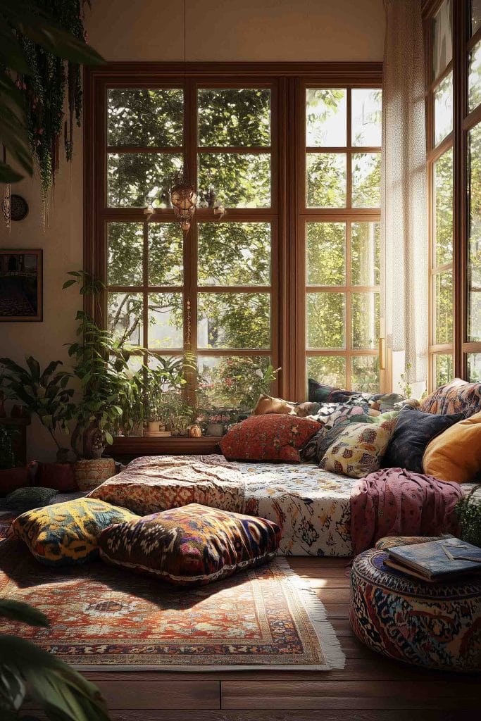 A bright and cozy seating area with large windows allowing light to pour in, illuminating an array of plush floor cushions in bold, boho patterns. The space is relaxed and inviting, with layered textiles and vibrant colors, perfect for lounging. Green plants add a touch of nature, while a vintage rug anchors the space in warmth and comfort.