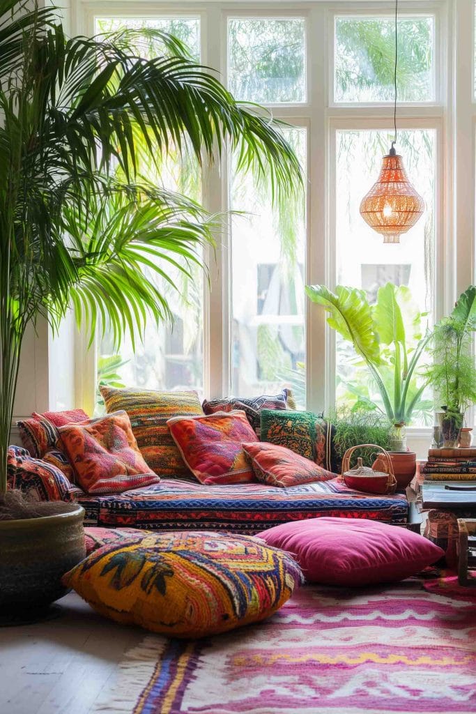  A sunny, relaxed room featuring a low seating area with colorful pillows and floor cushions in shades of orange, pink, and yellow. The floor is covered with layered vintage rugs, and large leafy plants surround the space. Natural light floods the room through tall windows, creating a warm and inviting atmosphere.