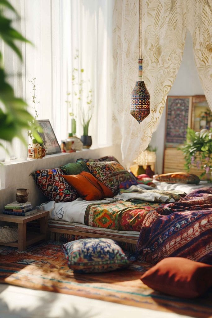 A cozy bohemian nook with a low bed covered in colorful, patterned bedding, surrounded by floor cushions and potted plants. The intricate hanging lantern and the soft light filtering through lace curtains create a dreamy, relaxing ambiance. The space is perfect for unwinding with its soft textures and layered, eclectic textiles.