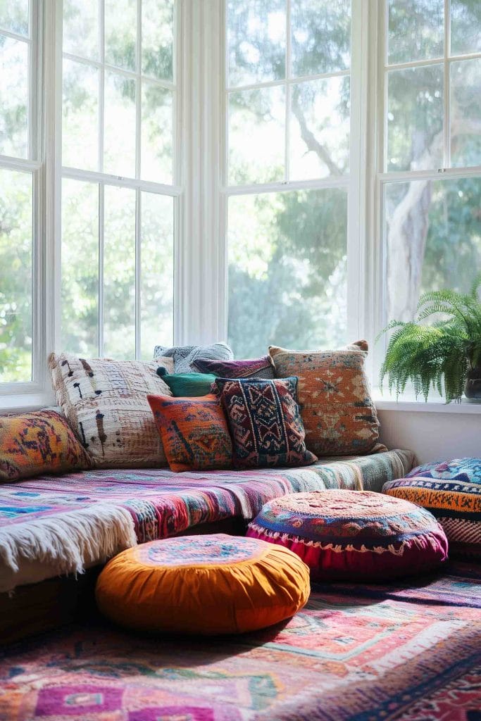 A serene corner with a daybed adorned with colorful cushions and throws. The room is filled with vibrant, patterned textiles, and large windows bathe the space in natural light. Brightly colored floor cushions and poufs rest on an intricately patterned vintage rug, offering a relaxed, bohemian feel.