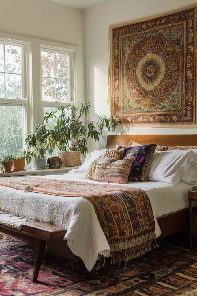 This bedroom exudes warmth and character with a global-inspired design. A large tapestry in earthy tones is featured prominently as a focal point above the bed, creating an authentic, cultural vibe. The bed is styled with layers of textured pillows and blankets, contributing to a cozy, inviting atmosphere. Houseplants add a touch of nature and balance to the eclectic decor, blending seamlessly with the rich colors of the textiles and the natural light filtering through the windows.