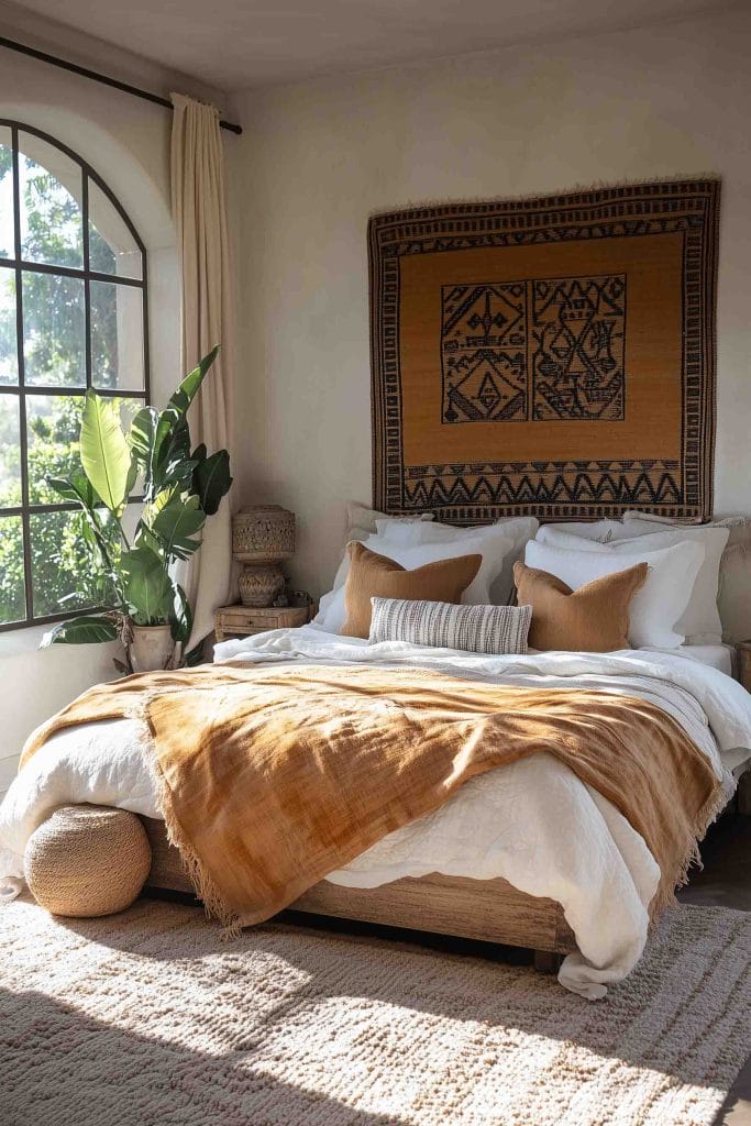 A minimalist bedroom with subtle global-inspired accents. The bed is topped with white linens and mustard-colored pillows, and an earthy, patterned wall hanging is the focal point above the headboard. A large window lets in natural light, and a lush plant adds a touch of greenery, complementing the neutral tones of the room.