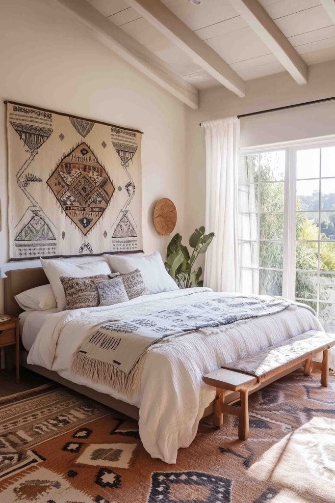 This bedroom embraces global-inspired decor with an intricately detailed wall hanging above the bed. The neutral color palette and cozy textiles provide a calming and serene atmosphere. The large windows flood the room with natural light, enhancing the textured elements of the space. A perfect blend of cultural aesthetics and modern design, this room invites relaxation and reflection.