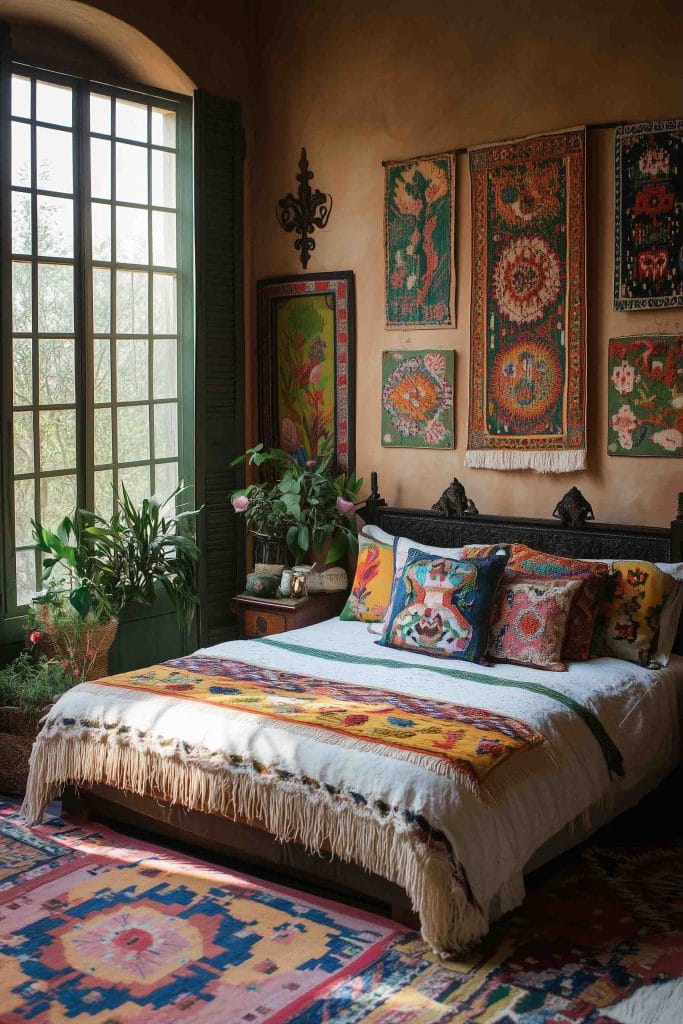 A bohemian-inspired bedroom with vibrant, handwoven tapestries hanging on the wall. The bed is adorned with colorful pillows and a fringed bedspread. Large windows framed by dark green shutters allow soft natural light to fill the space, with lush plants scattered around, adding a touch of greenery.