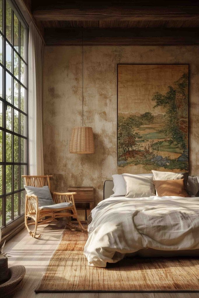 Featuring a large, bold piece of global-inspired wall art, this bedroom radiates warmth and comfort. The deep, earthy tones in the bedding and cushions complement the vibrant colors of the art, while the use of wood and natural fibers throughout the room adds a grounded, organic feel. Potted plants bring a touch of greenery, softening the room’s look and connecting it to nature.