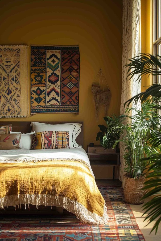 A cozy, eclectic bedroom with mustard-yellow walls and colorful, geometric-patterned tapestries above the bed. The bed is made with white linens, a golden throw blanket, and a mix of patterned pillows. The room is brightened by natural light from large windows and features potted plants for a natural, earthy feel.