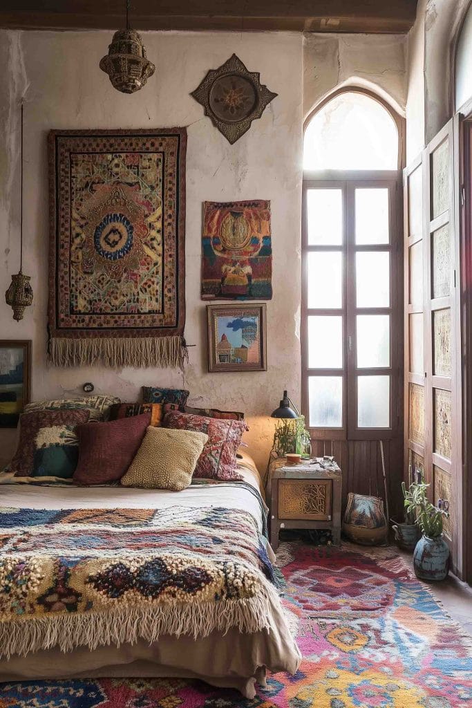 A cozy bedroom featuring a rustic, global-inspired aesthetic. A richly patterned tapestry hangs above a bed covered in multicolored pillows and blankets. The room is adorned with eclectic decor, including woven baskets, pottery, and traditional hanging lamps. Large windows let in soft light, creating a warm, serene atmosphere.