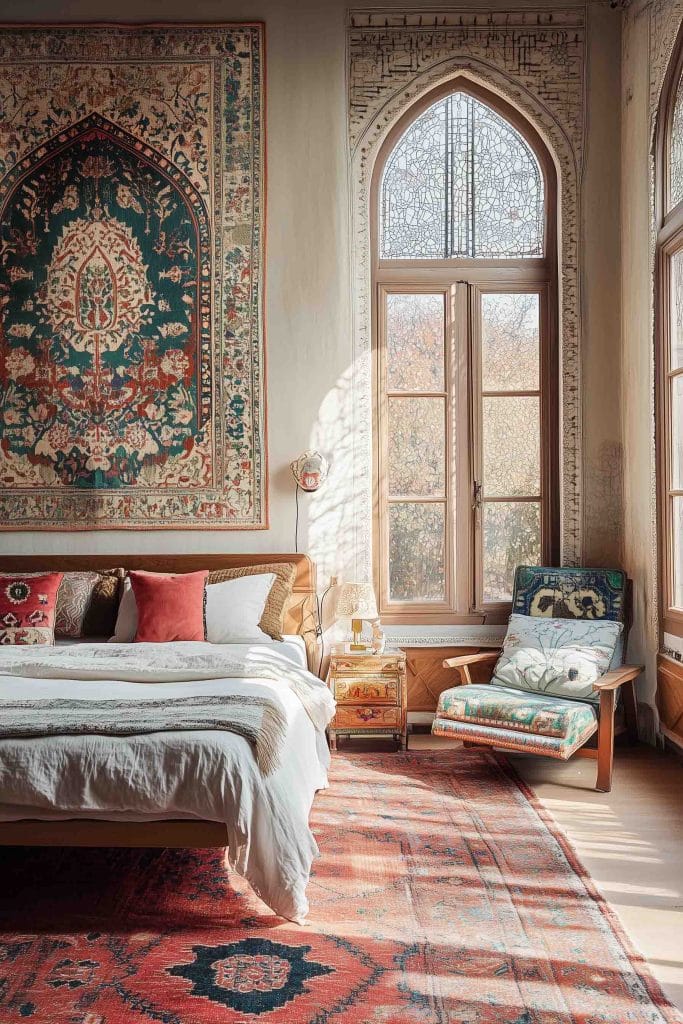 In this globally inspired bedroom, intricate patterns and bold colors dominate the decor. A striking wall art tapestry hangs above the headboard, showcasing a beautifully detailed design in reds, blues, and greens. The vibrant bedspread, featuring various patterns, creates a layered and eclectic look that speaks to world travel and cultural appreciation. Wooden bedside tables and greenery complete the look, tying together the room’s bohemian and globally inspired aesthetic.