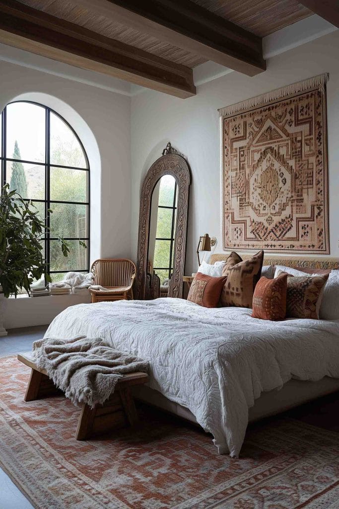 A serene, earthy bedroom with a bohemian style. A large woven tapestry hangs above a bed with light-colored linens and textured pillows. The room features a large arch window, a tall mirror with intricate carvings, and a natural wooden chair. The space is calm, filled with warm, neutral tones and simple, natural elements.