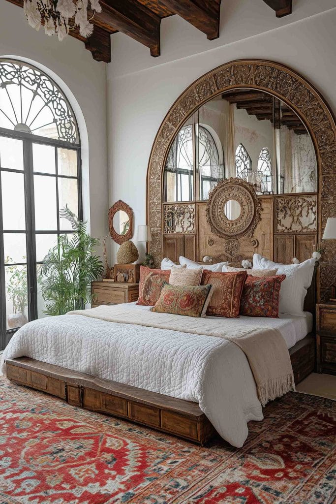 This room captures a serene, earthy ambiance with its global-inspired decor. The centerpiece of the space is an intricately woven tapestry hanging above the bed, adding texture and cultural significance. The neutral tones of the bedding are accented with a mix of vibrant, patterned throw pillows, reflecting a love for global textiles. The room's wooden furniture and houseplants bring warmth and a natural touch to the overall design, creating a peaceful retreat.