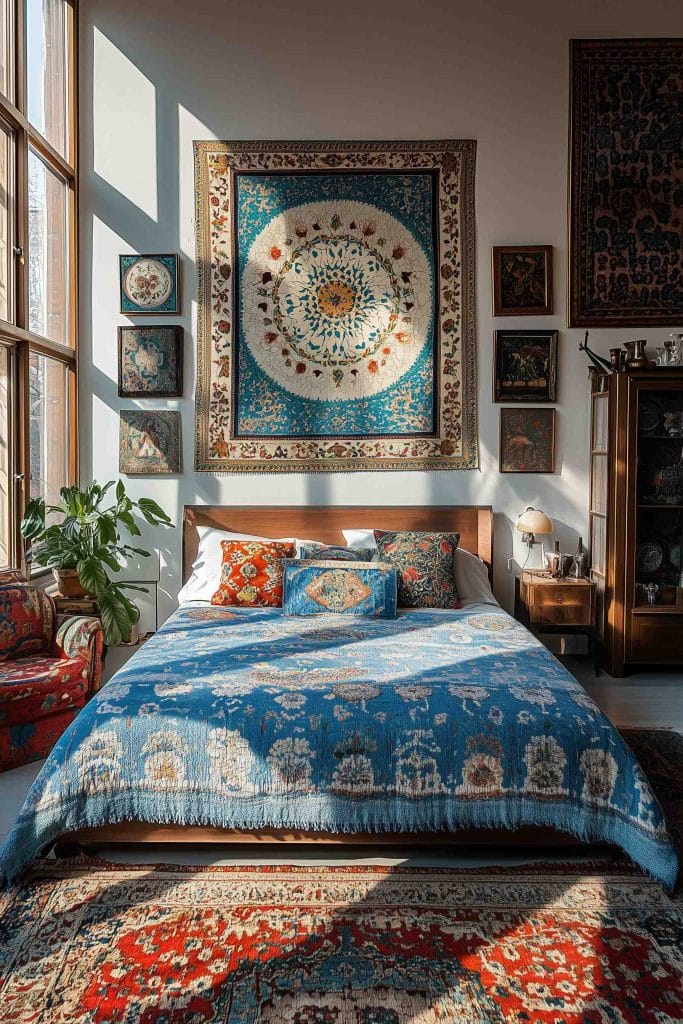 A vibrant bedroom with a rich, global-inspired theme. A colorful, intricate tapestry dominates the wall above the bed, which is covered in a bright blue bedspread with traditional patterns. The room features a large window letting in sunlight, and various pieces of artwork and plants are scattered throughout, creating a lively, artistic space.