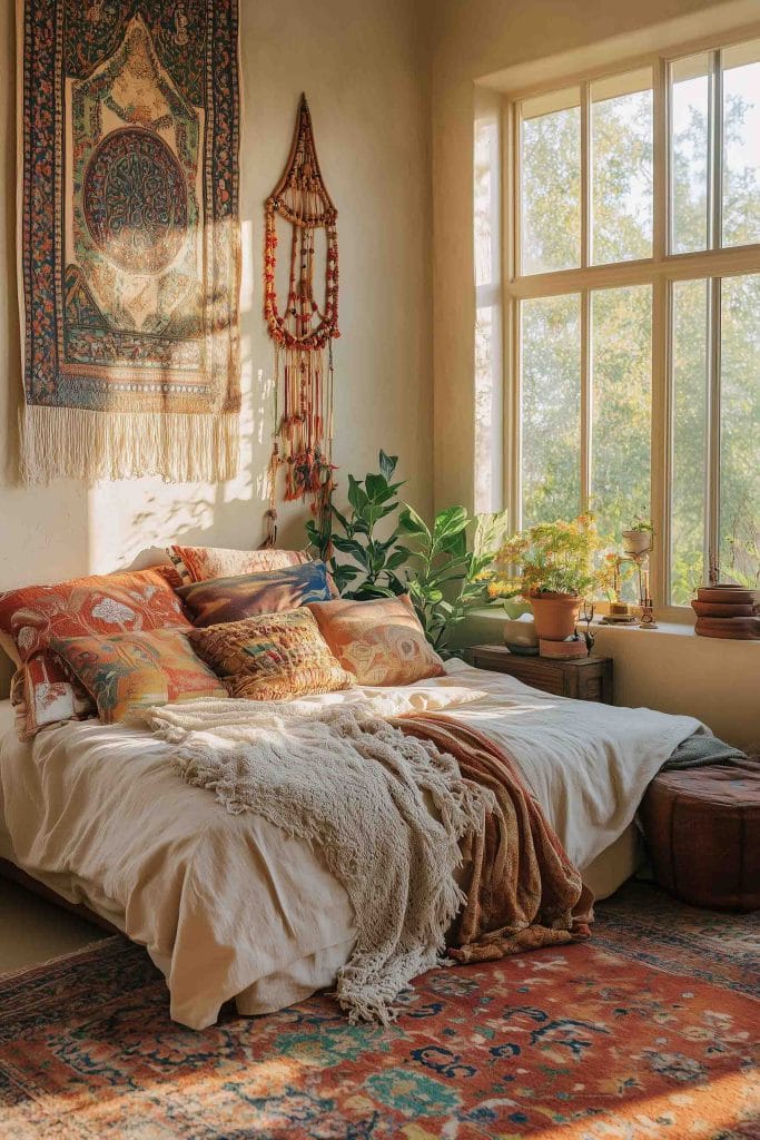 The global-inspired wall art in this bedroom creates a bold, artistic statement. The tapestry above the bed features intricate patterns in rich jewel tones, complementing the deep colors of the bedding. Layers of colorful textiles and unique decor elements, such as the hanging light fixture and plants, give the room an eclectic, bohemian vibe. The overall effect is both vibrant and relaxing, offering a beautiful mix of global influences and cozy design.