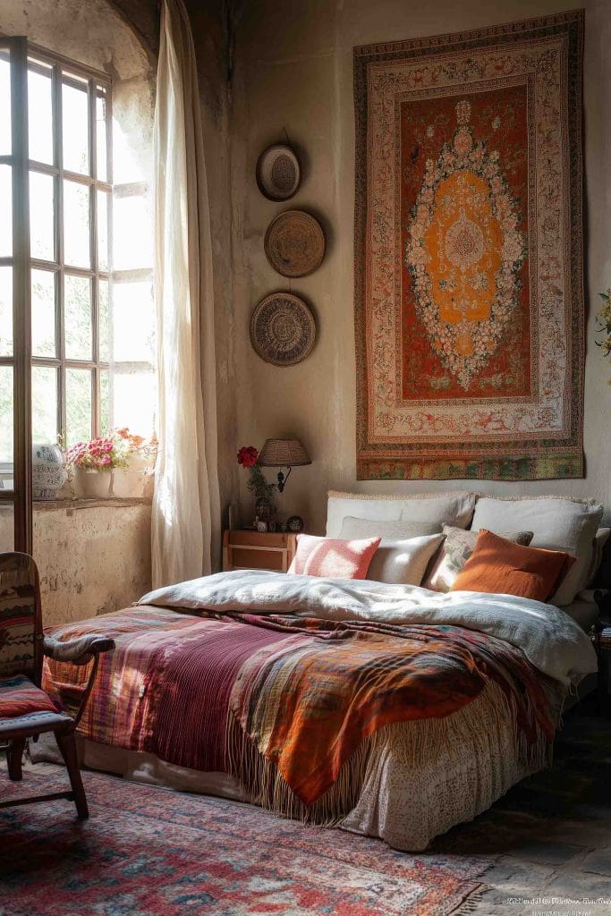 A warm, inviting bedroom with vintage decor. A large, ornate tapestry in shades of orange and red hangs above the bed, which is layered with cozy blankets and pillows in complementary warm tones. The room is softly lit by sunlight streaming through a large window, and rustic, wooden furniture adds to the room’s charm.