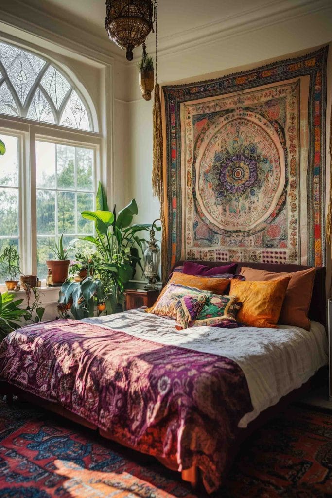 This bedroom features a harmonious blend of global-inspired elements. The wall art above the bed, with its intricate design and vibrant colors, serves as the room’s focal point, drawing attention to the cultural richness of the space. The layered bedding, adorned with a variety of patterns and textures, adds depth and warmth. Earthy tones, houseplants, and wooden accents complete the look, creating a balanced and inviting environment that reflects a love for global aesthetics. 