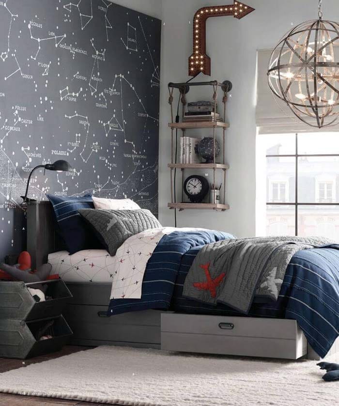 A teen boy's bedroom with a constellation-themed wall and dark blue accents.