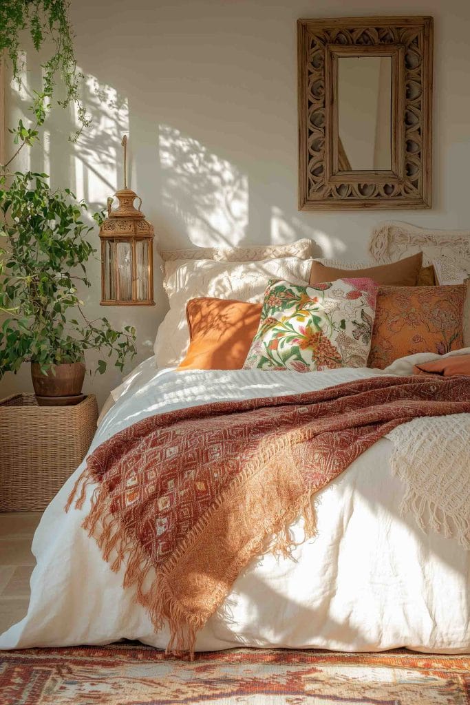 This cozy bedroom combines modern lighting with boho-inspired decor. The oversized feather chandelier acts as a focal point, drawing the eye upward while creating a soft, diffused glow in the room. Exposed brick walls and rich, colorful textiles, such as the orange bedspread and boho pillows, add warmth and character. The large window allows natural light to stream in, enhancing the textures and earthy hues throughout.