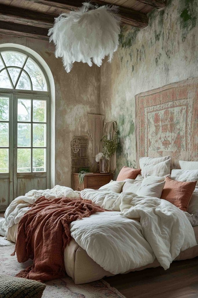 A rustic bedroom with a bohemian flair. A fluffy, feathered chandelier hangs from the wooden ceiling, creating a whimsical focal point. The bed is adorned with white linens and earth-toned pillows, with a warm, rust-colored throw. The distressed wall behind the bed adds texture, and a large arched window allows in abundant natural light.