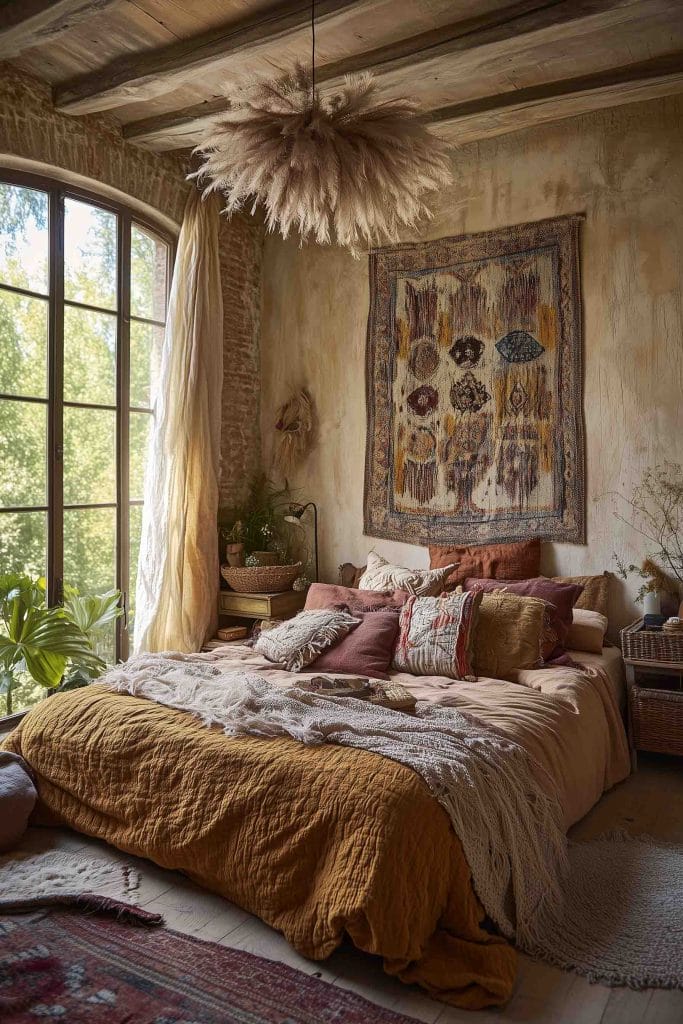 A warm, earthy bedroom with a large window allowing soft, natural light to illuminate the space. The bed is dressed in rich, textured linens in rust and beige tones, with multiple pillows adding comfort. Above the bed, a woven tapestry hangs, and a large feathered pendant light adds a unique, bohemian touch to the room. The walls have a rustic, weathered look, contributing to the cozy, natural aesthetic.