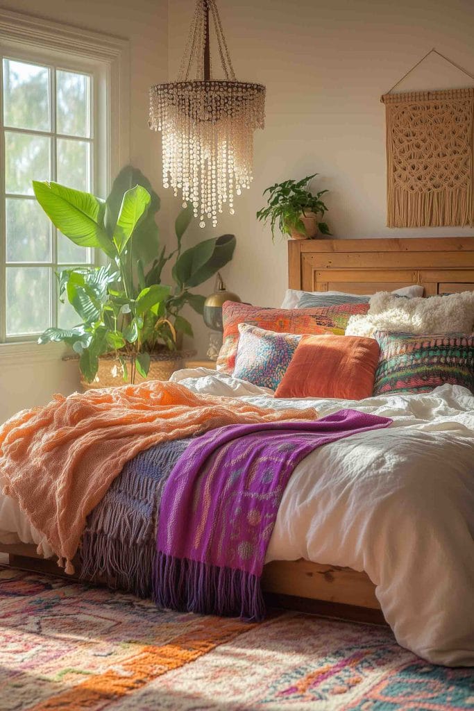 A bright, boho-inspired bedroom featuring a statement chandelier with sparkling beads. The bed is made with colorful, patterned pillows and throws in vibrant hues of orange, purple, and pink. Potted plants around the room add a lively, green touch, and sunlight streams in through a large window, enhancing the warm, inviting atmosphere.