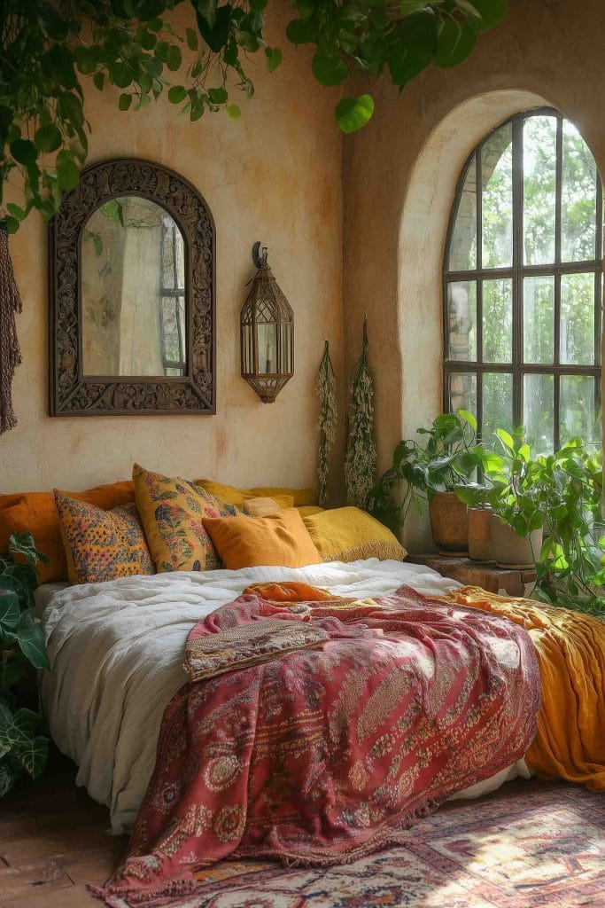 A bedroom that feels like a cozy retreat, with a mix of bold, warm colors and textures. The bed is draped in rich, patterned linens in reds, oranges, and yellows, while large windows framed by leafy plants allow natural light to filter in. Above the bed, an intricately carved mirror and a lantern-style light fixture add to the room's eclectic, global-inspired decor, creating a serene, nature-infused atmosphere.