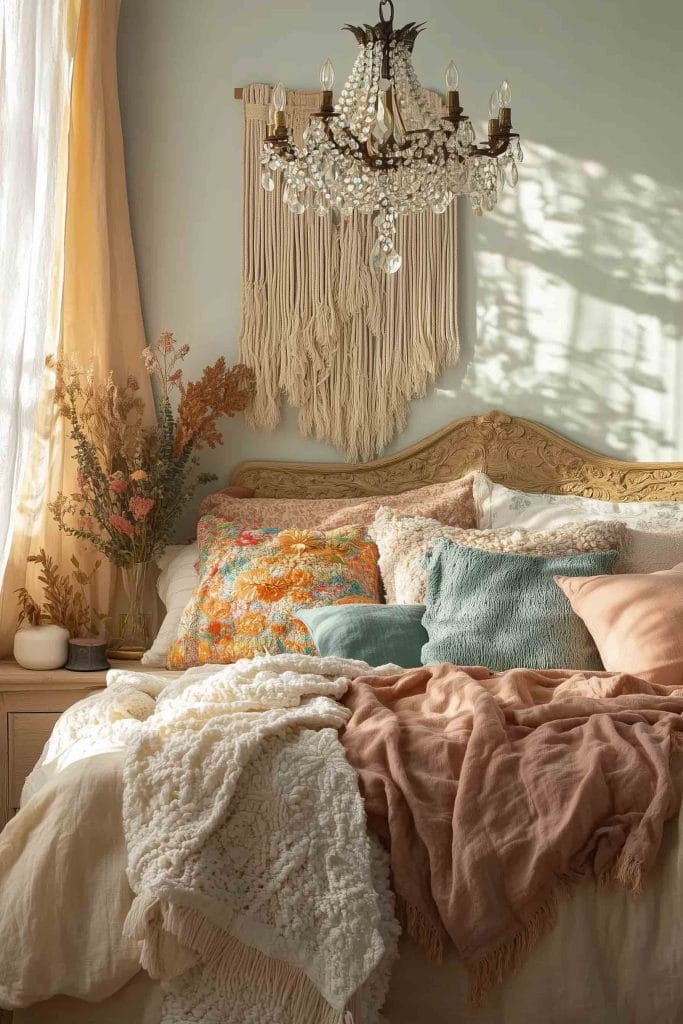 A soft, serene bedroom featuring an ornate chandelier with crystal-like accents. The bed is dressed in layers of pastel linens, with textured pillows in shades of mint, peach, and cream. A macramé wall hanging complements the cozy, bohemian aesthetic, while sunlight filters through light curtains, casting soft shadows on the walls.