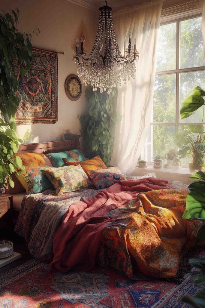 A dreamy bedroom with a luxurious chandelier hanging over a bed draped in warm, rich textiles. The room is bathed in golden sunlight coming through a large window, with soft, colorful pillows and blankets creating a cozy, inviting atmosphere. Potted plants add a fresh, natural element to the space.