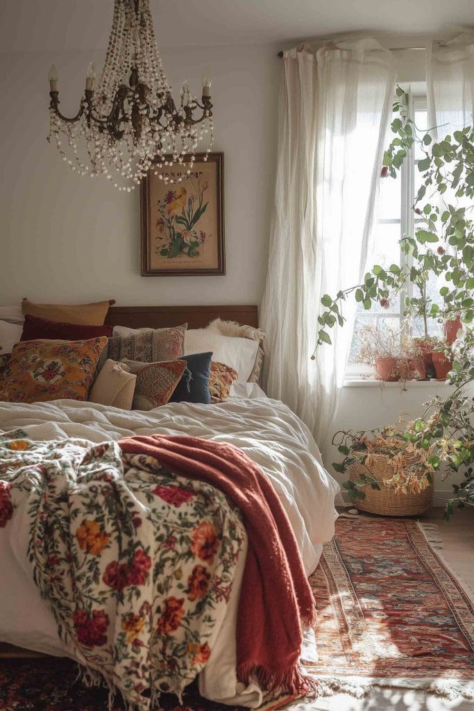 A bright, elegant bedroom with a white, pearl-encrusted chandelier as the centerpiece. The bed is made with crisp white linens, floral-patterned pillows, and a cozy throw blanket. The room is flooded with soft sunlight from the window, and delicate plants placed around the room bring in a fresh and organic touch.