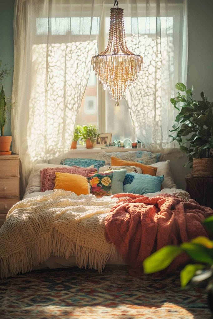 This bedroom showcases a cozy and serene atmosphere, highlighted by a beautiful bohemian-style beaded chandelier that acts as the room’s centerpiece. Soft sunlight filters through sheer curtains, casting playful shadows on the textured bedding. The bed is layered with a mix of knitted throws and vibrant pillows in shades of orange, blue, and yellow, creating a warm, inviting space. Surrounding the bed are potted plants, adding a fresh, natural element to the room. The combination of soft, earthy textures and the standout chandelier gives the space a luxurious yet relaxed boho vibe.