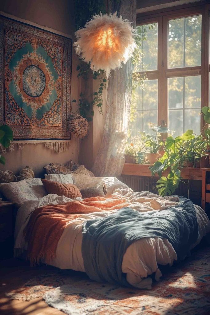 A whimsical bedroom with a fluffy, feathered light fixture that casts a warm glow over the space. The bed is adorned with plush blankets and pillows in neutral tones, and a large tapestry with intricate designs hangs on the wall behind it. The room feels light and airy, with greenery by the window bringing nature indoors.