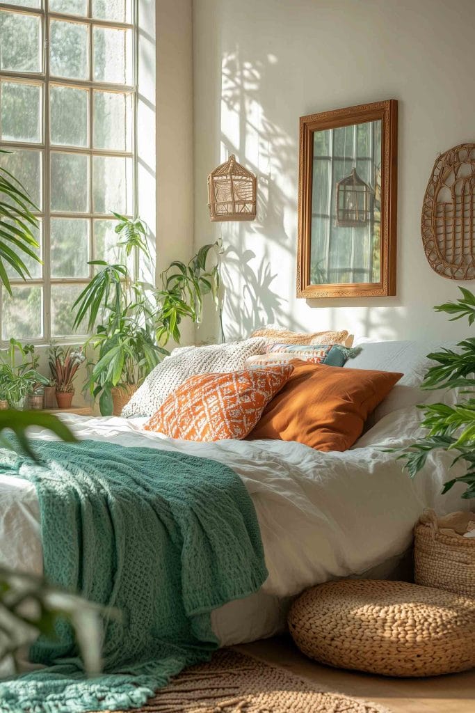  A serene bedroom filled with soft, natural light streaming through large windows. The bed is adorned with white and orange pillows and a teal knit throw, creating a cozy and colorful atmosphere. Numerous potted plants surround the bed, adding a touch of greenery. On the wall, a large mirror reflects the sunlight, and a wicker lantern adds a rustic, bohemian flair to the room's natural aesthetic.