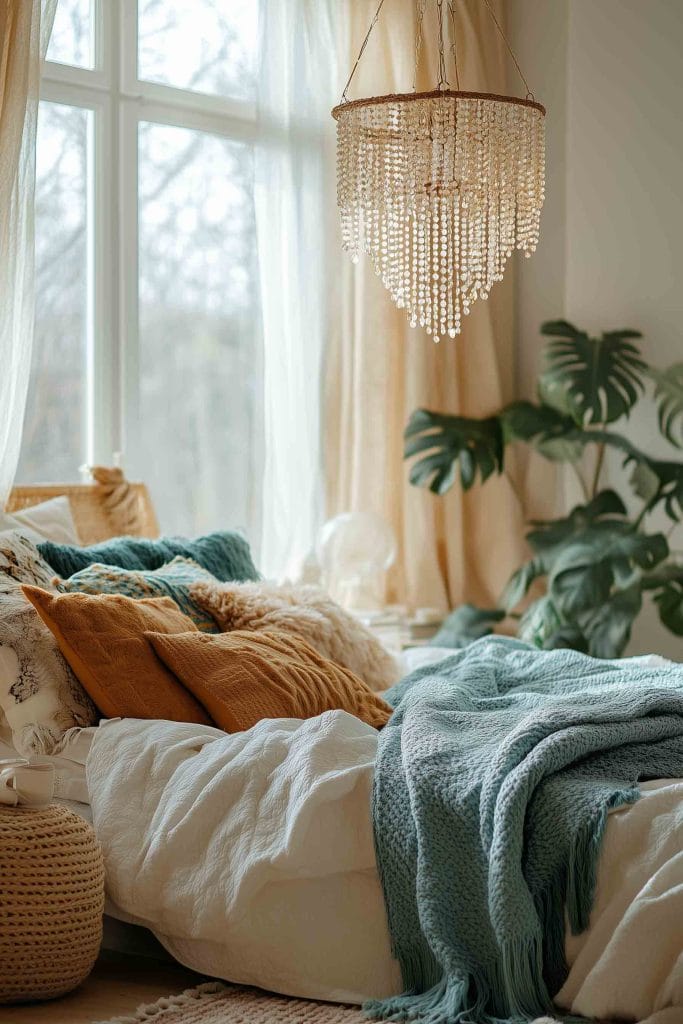 A cozy, modern bedroom with a natural, organic feel. The room features a chandelier made of cascading beads that adds an elegant touch. The bed is layered with white linens, mustard and teal accent pillows, and soft, textured throws. A large window allows natural light to flow in, while a lush potted plant adds a fresh, green element to the space.