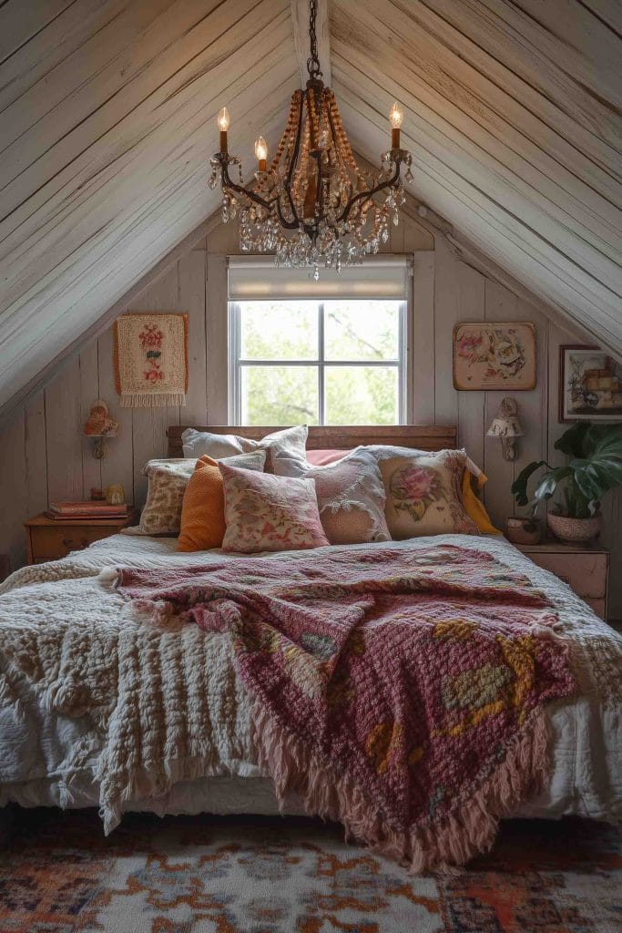 A charming, rustic bedroom tucked under an attic roof. The focal point is a grand, vintage-style chandelier hanging from the wooden ceiling, casting a warm glow over the room. The bed is layered with colorful floral pillows and cozy, textured blankets. Soft, natural light filters in through a small window, highlighting the room’s cottage-like ambiance, with floral decor and wooden accents enhancing its cozy, romantic feel.