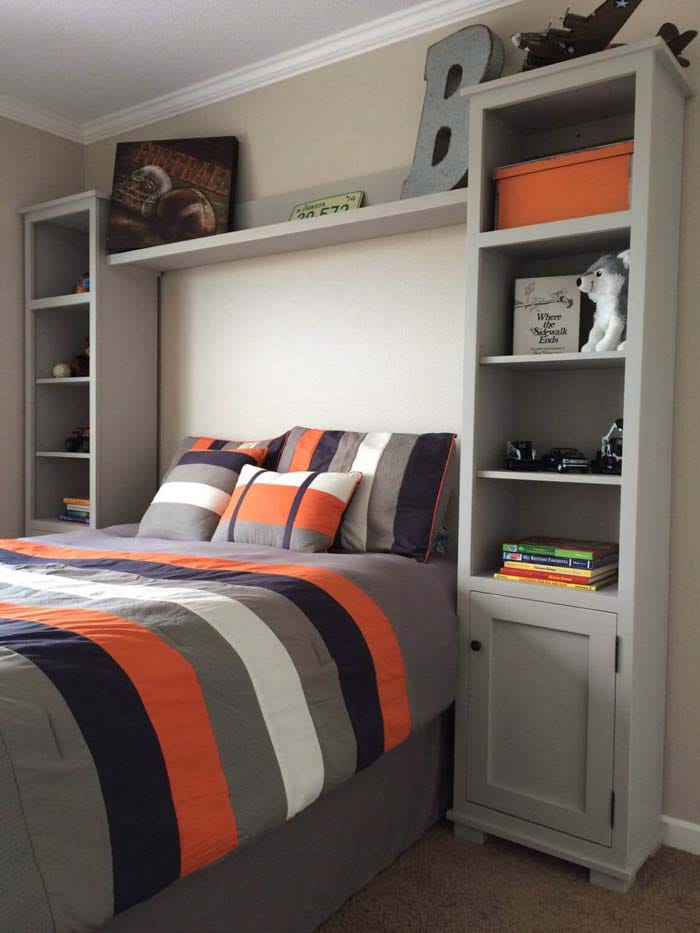 A teen boy's bedroom with bold striped bedding and built-in storage shelves.