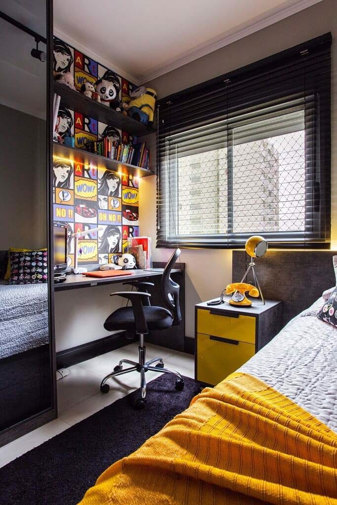 Pop art-inspired study nook with a desk, chair, and bright, colorful decor.