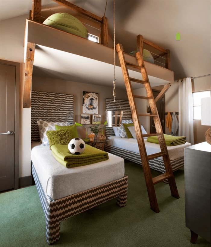 Rustic twin bedroom with loft and green accents.