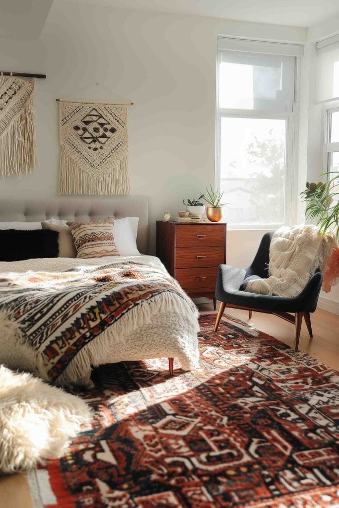 A cozy, mid-century modern-inspired bedroom with a blend of textures and patterns. The bed is covered in a thick, patterned blanket, and two macramé wall hangings add texture above the headboard. A dark armchair with a fluffy throw sits next to a wooden dresser, balancing the room’s rustic and modern elements. Sunlight pours in through large windows, highlighting the room’s eclectic yet harmonious design.