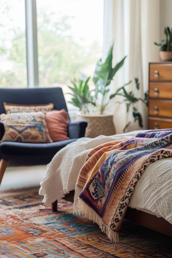 A modern bedroom with a mix of contemporary and bohemian furniture styles. The bed is draped in white linens with a colorful, patterned throw at the foot, while a retro-style armchair sits beside it, adorned with decorative cushions. A variety of textures and patterns are incorporated, from the woven rug to the wooden dresser, and greenery adds a fresh, natural touch to the room.